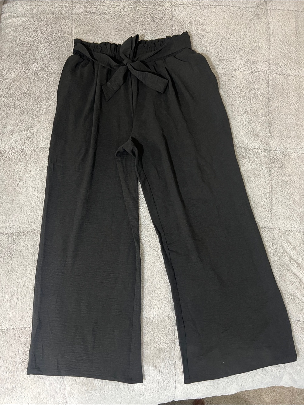 Black Wide-Leg Paperbag Pants with Tie Waist
